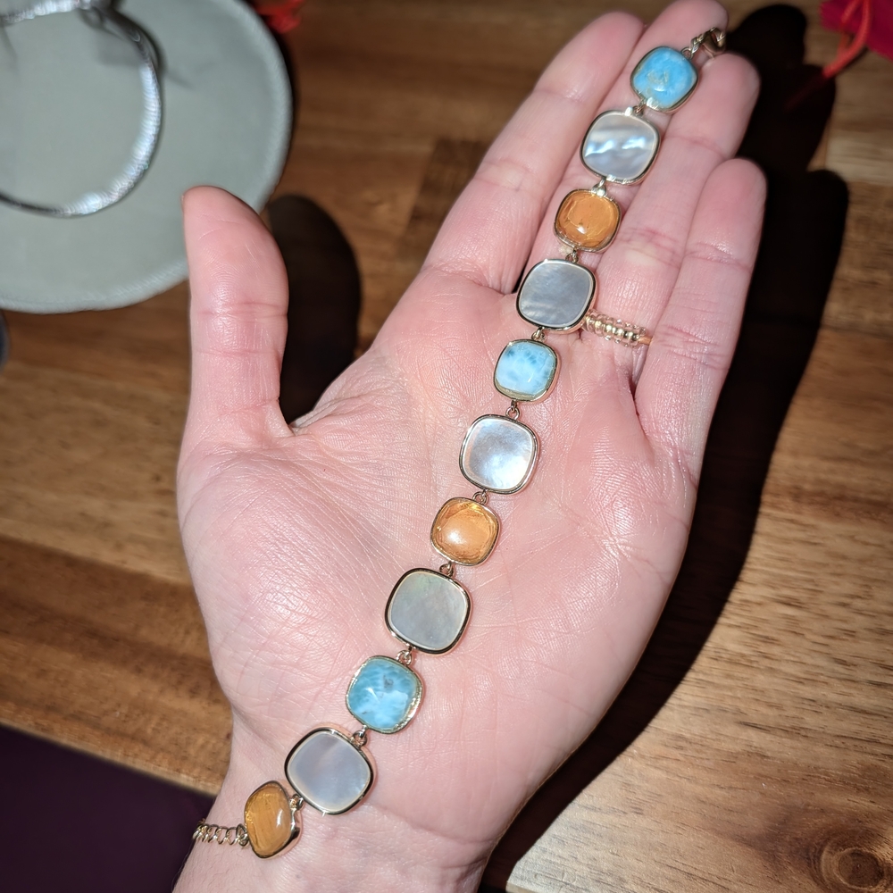Gold-Tone Multicolor Stone Link Bracelet - Larimar, Nacar & Amber